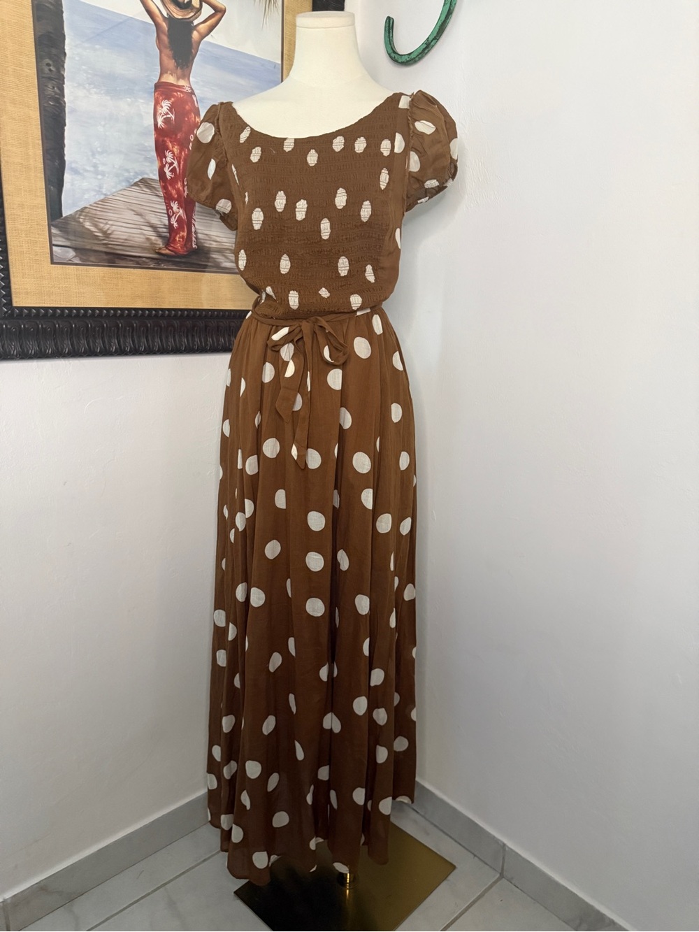 Free People Brown Maxi Dress with Cream Polka Dots